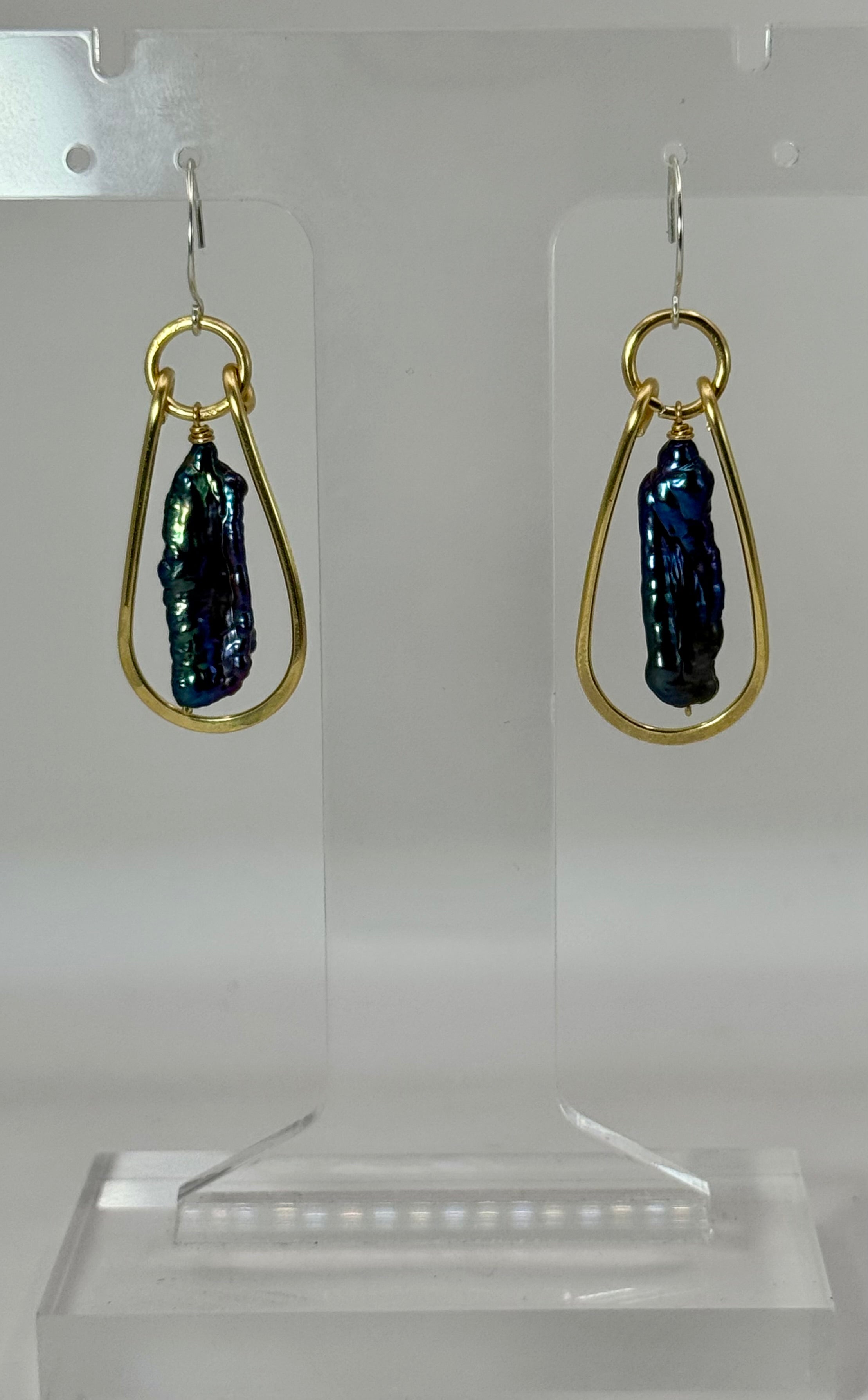 Midnight Current Earrings | Peacock Stick Pearl & Brass Earrings