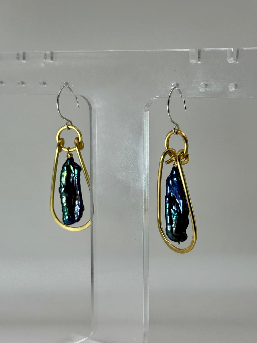 Midnight Current Earrings | Peacock Stick Pearl & Brass Earrings