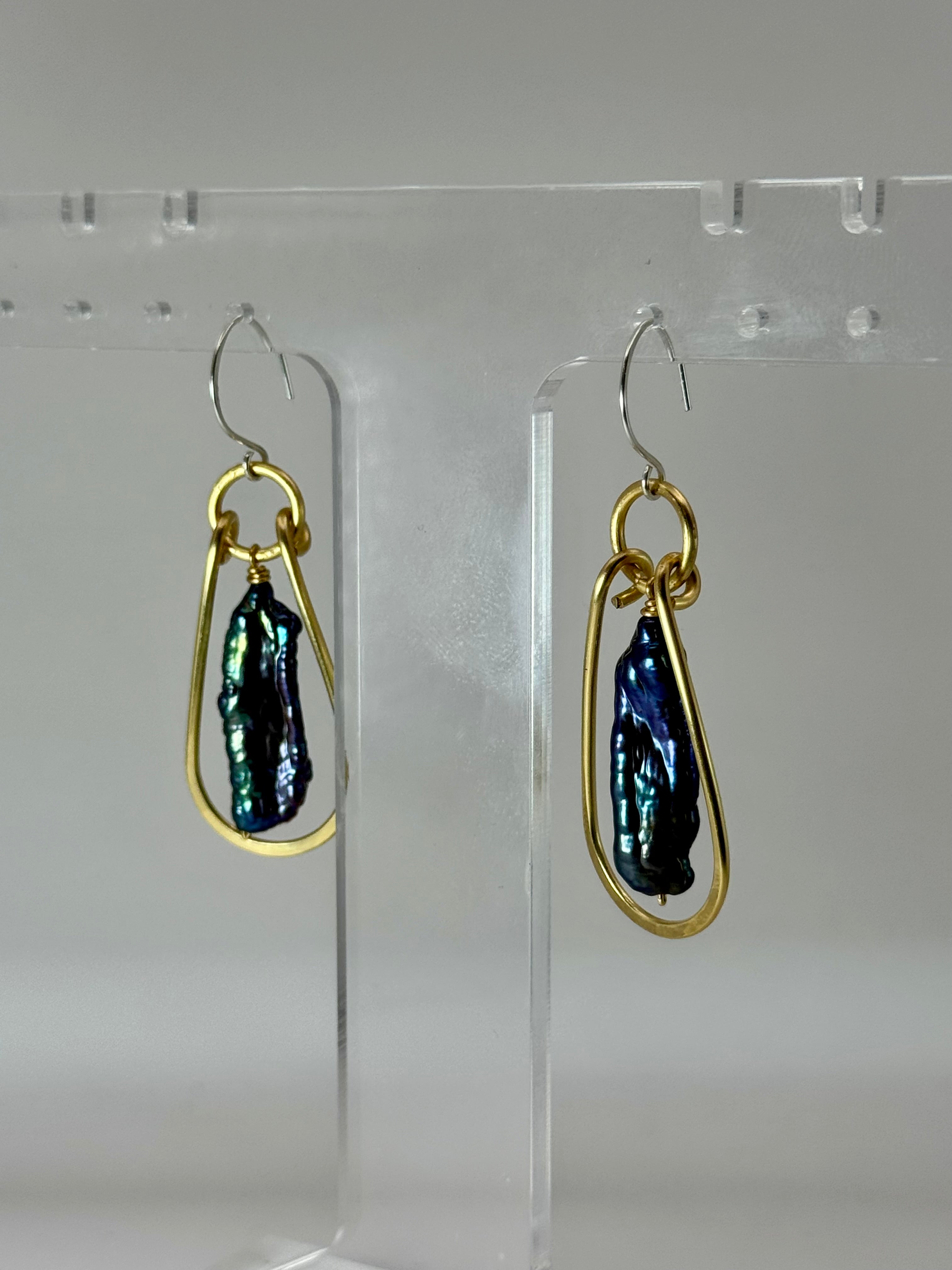 Midnight Current Earrings | Peacock Stick Pearl & Brass Earrings