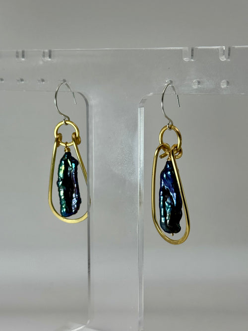 Midnight Current Earrings | Peacock Stick Pearl & Brass Earrings