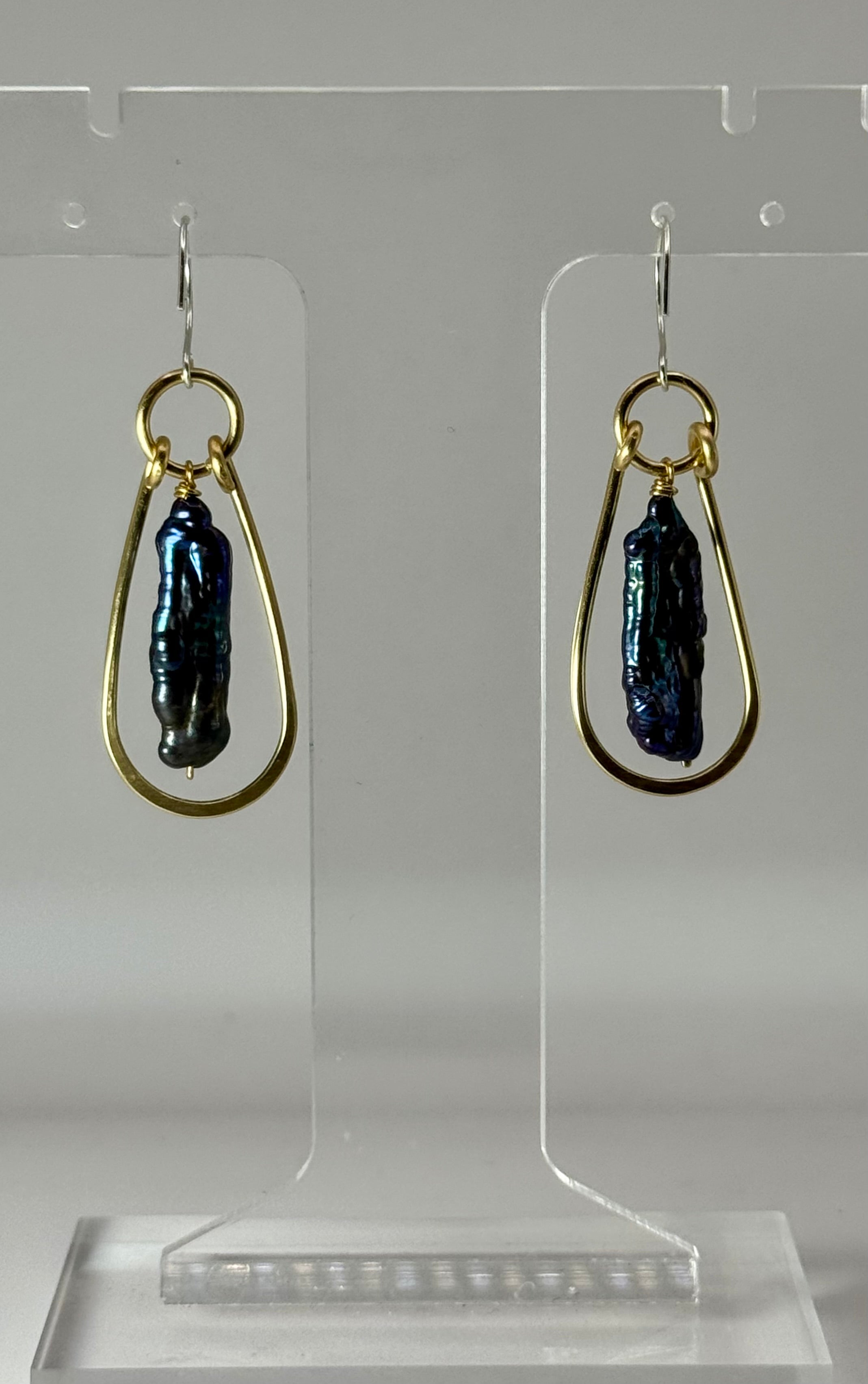 Midnight Current Earrings | Peacock Stick Pearl & Brass Earrings