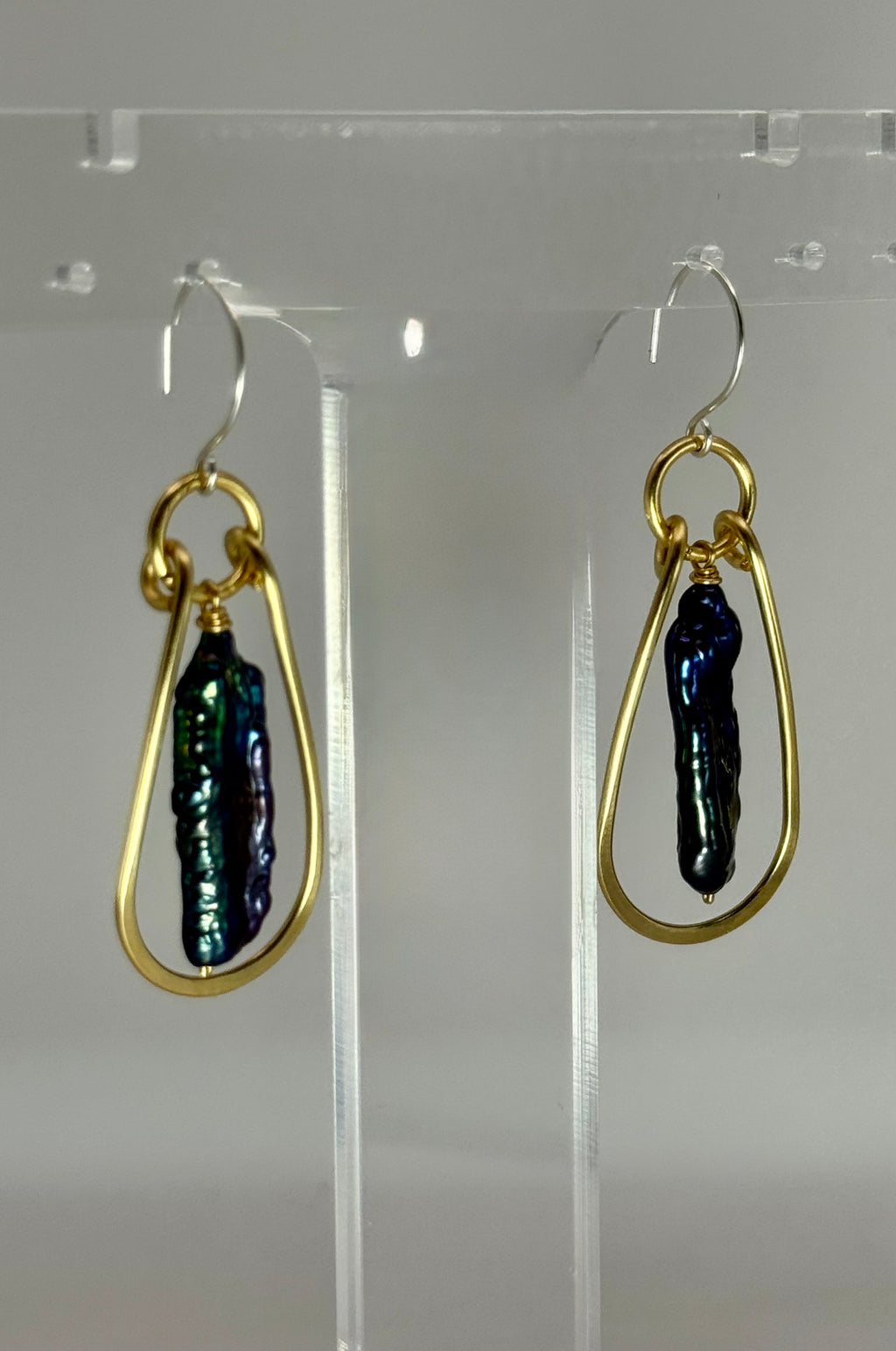 Midnight Current Earrings | Peacock Stick Pearl & Brass Earrings