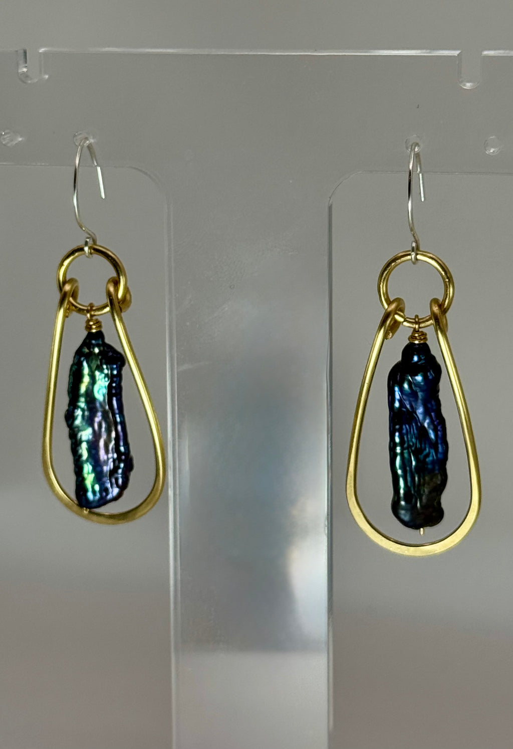 Midnight Current Earrings | Peacock Stick Pearl & Brass Earrings