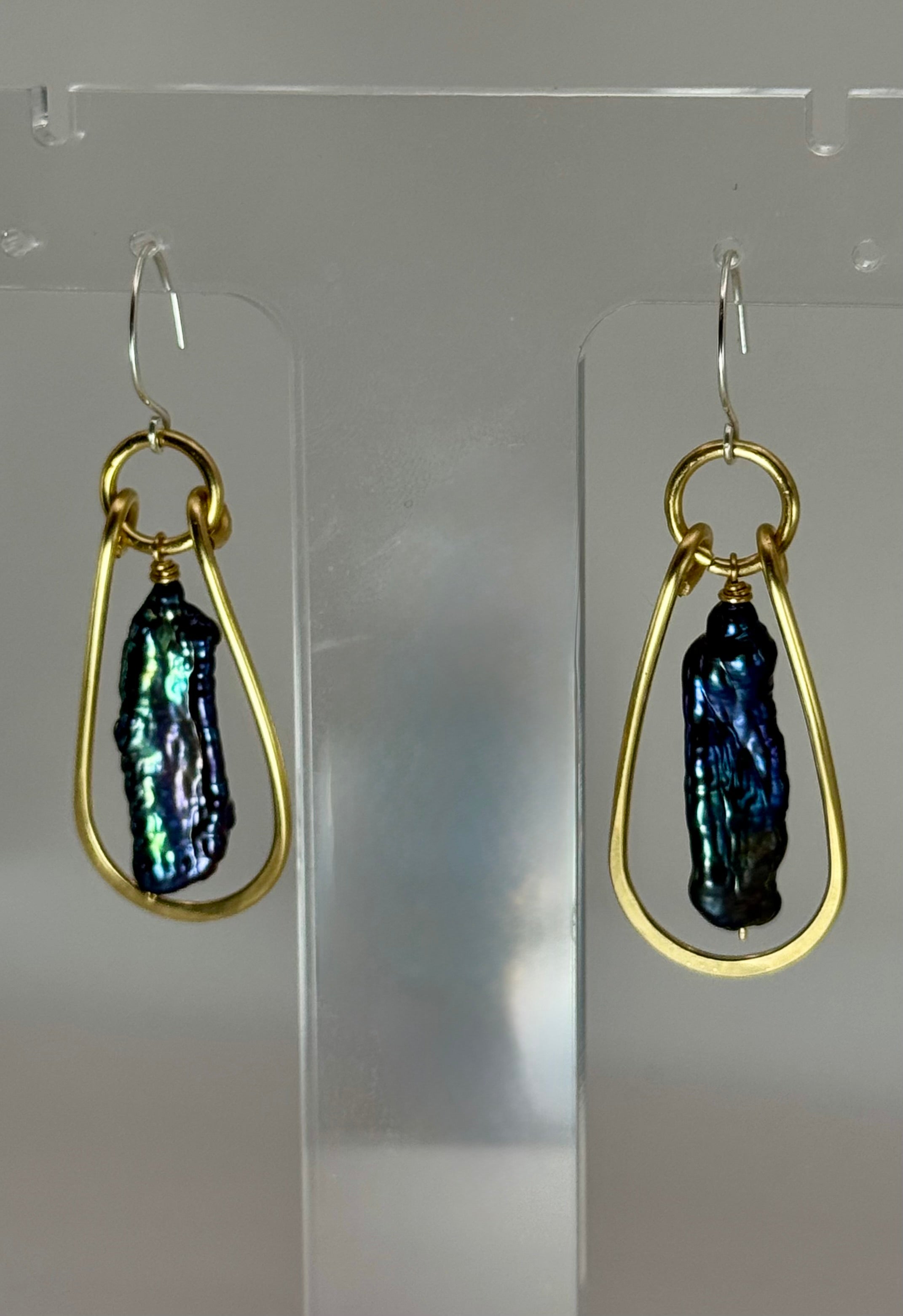 Midnight Current Earrings | Peacock Stick Pearl & Brass Earrings