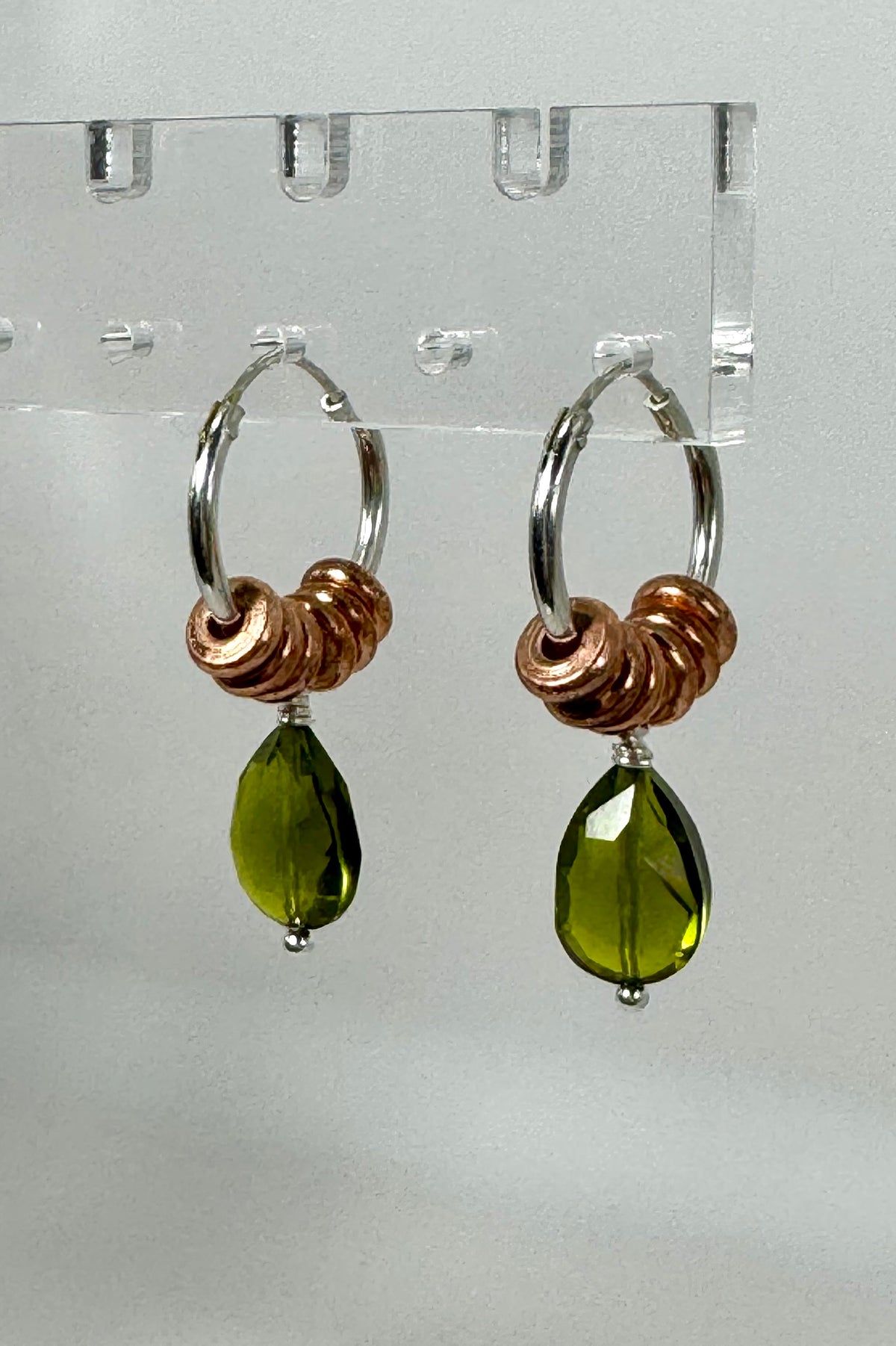 Sterling Silver, Copper, and Olive Crystal Earrings