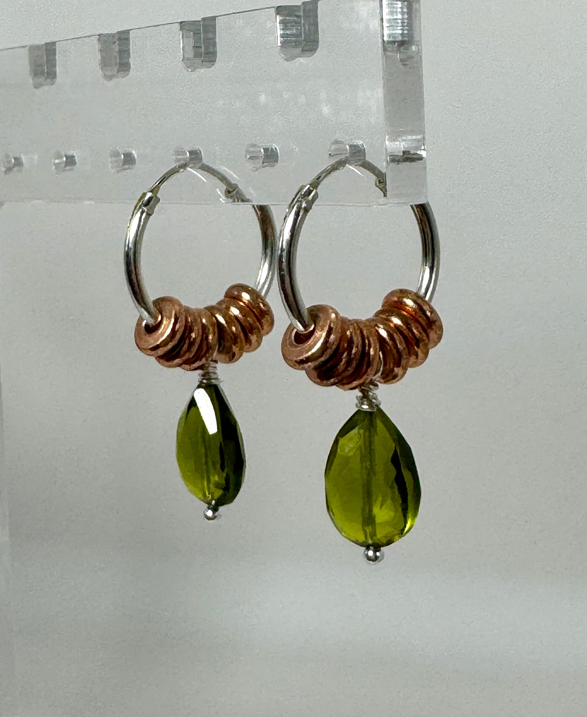 Sterling Silver, Copper, and Olive Crystal Earrings